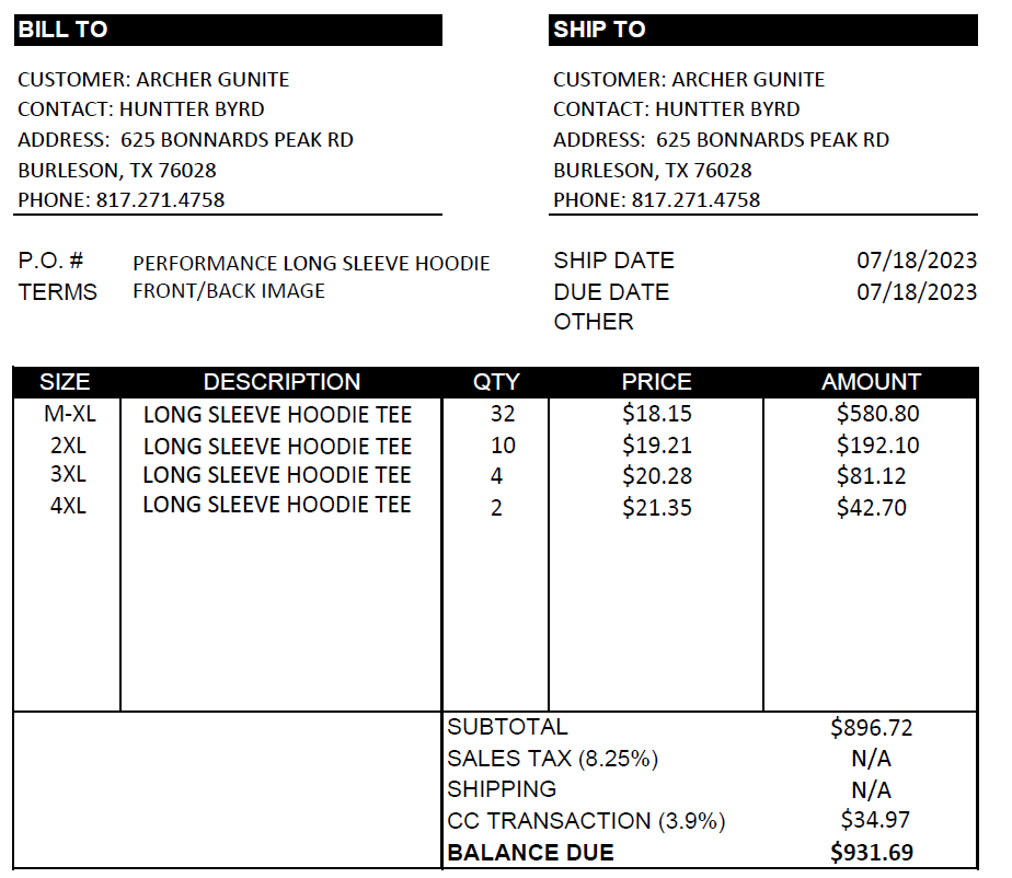 ARCHER GUNITE INVOICE