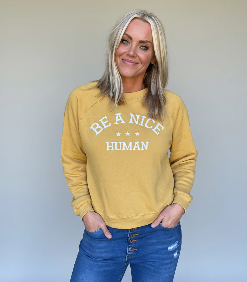 BE A NICE HUMAN - CROPPED RAGLAN PULLOVER FLEECE - MUSTARD