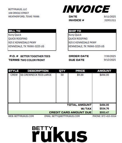 QUICK INVOICE - BETTER TOGETHER TEES