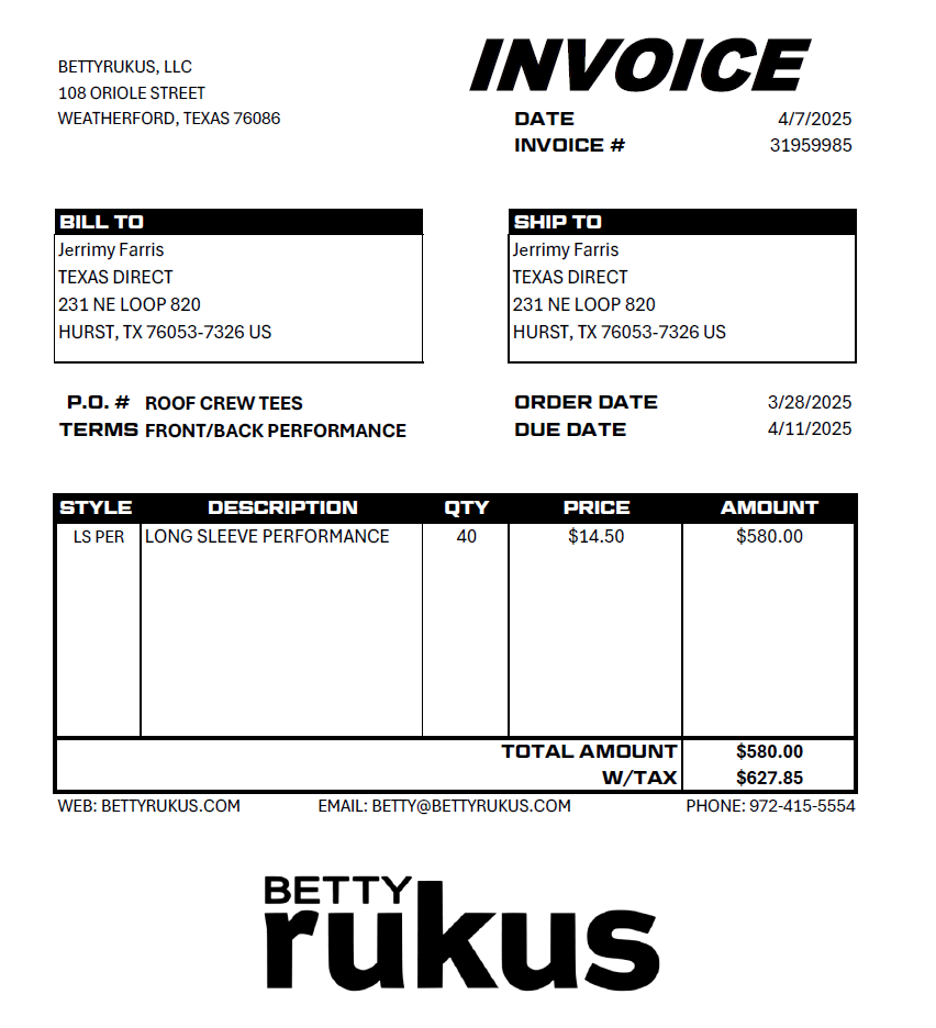 TX DIRECT - JERRIMY FARRIS - INVOICE