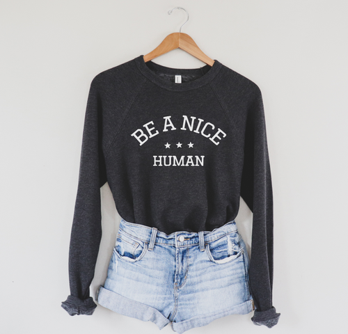 BE A NICE HUMAN - UNISEX RAGLAN SWEATER (COLOR: BLACK)