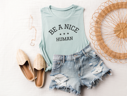 BE A NICE HUMAN - MUSCLE TANK (DUSTY GREEN)