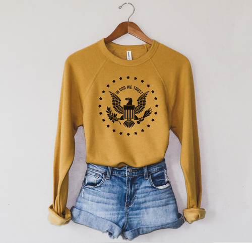 IN GOD WE TRUST - UNISEX RAGLAN SWEATER (COLOR: MUSTARD)