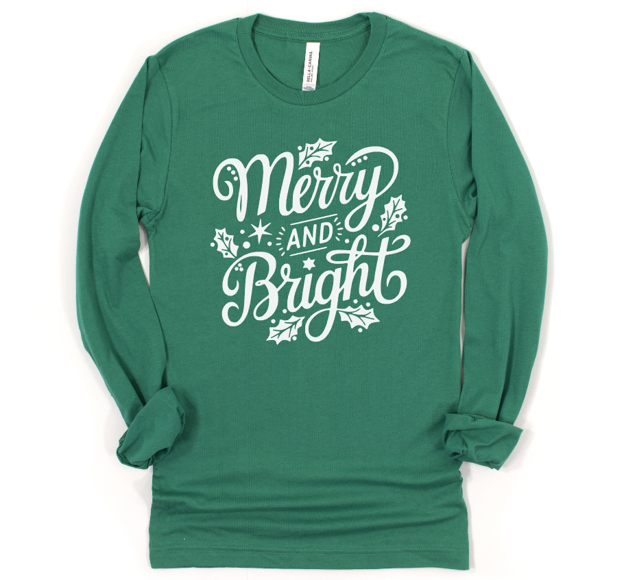 *LIMITED EDITION* MERRY & BRIGHT  - UNISEX LONG SLEEVE TEE - SOLID GREEN